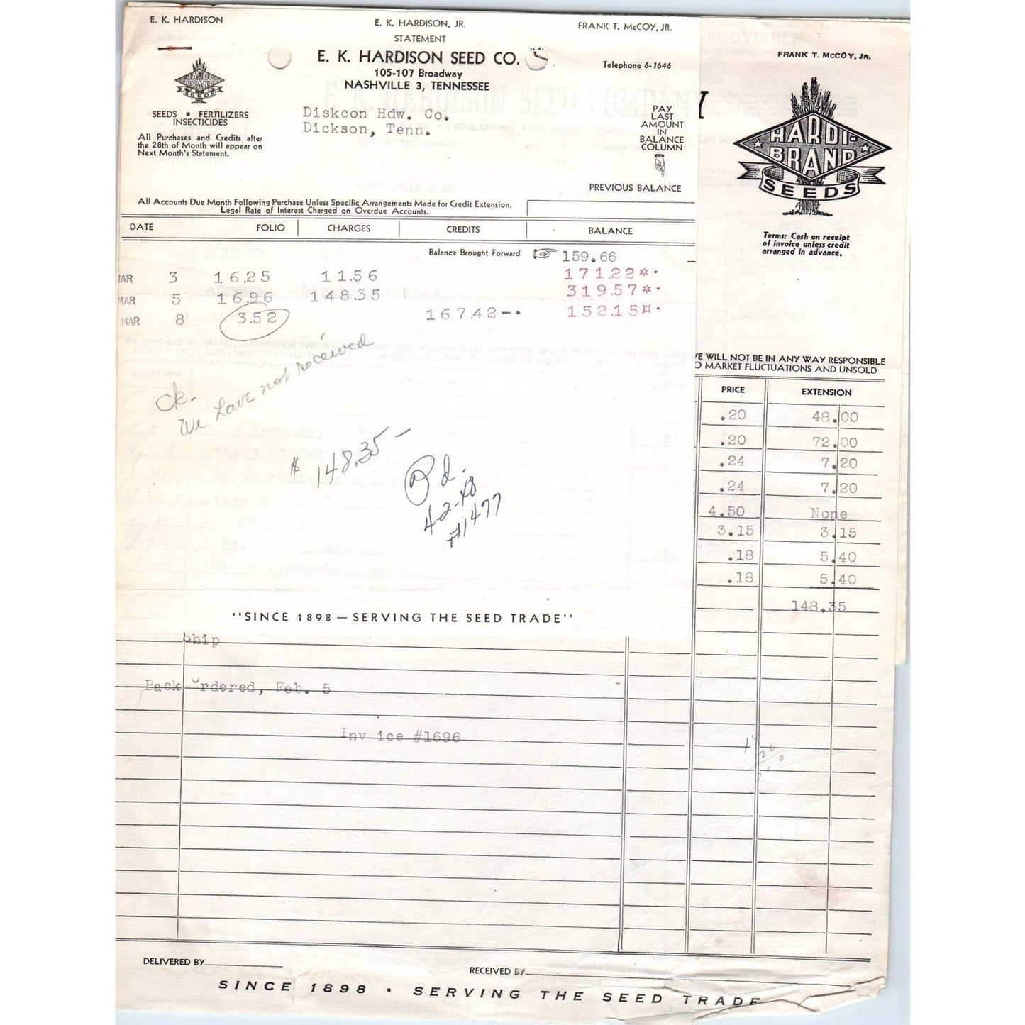 1948 E.K. Hardison Seed Co Billhead Set Nashville TN AD5-2