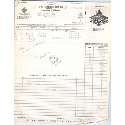 1948 E.K. Hardison Seed Co Billhead Set Nashville TN AD5-2