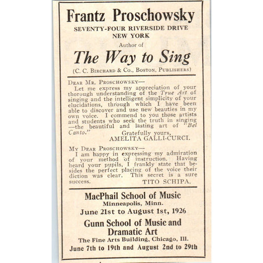 c1930 Print Ad Frank Proschowsky Singing Instructor Riverside Drive NY 2.5x4 AD4