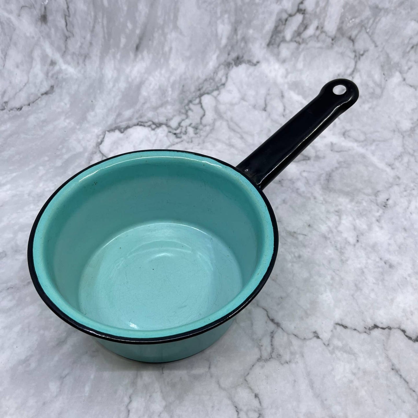 Vintage Enamelware Sauce Pan Turquoise w/ Black Trim 6" TJ1