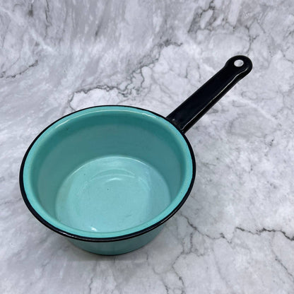 Vintage Enamelware Sauce Pan Turquoise w/ Black Trim 6" TJ1