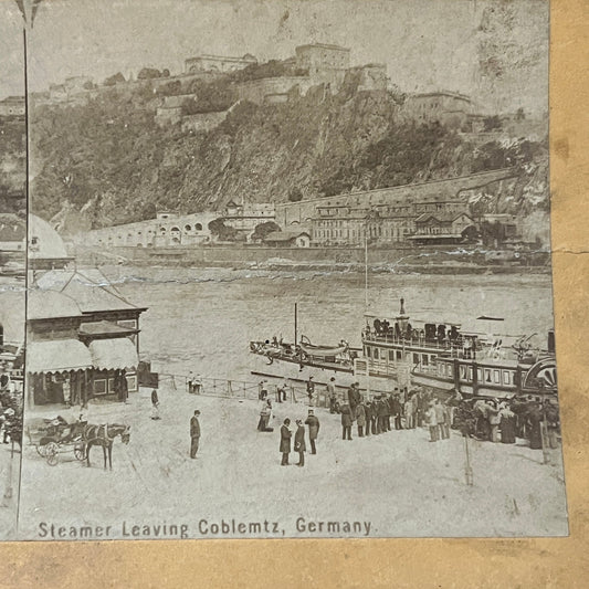 Steamer Leaving Coblentz Germany c1880 Antique Stereoview Card H2-3