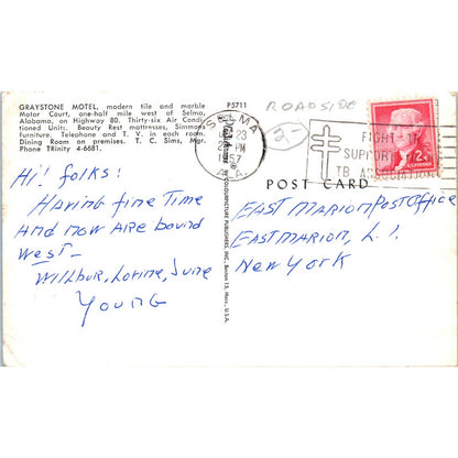 Greystone Motel Selma Alabama T.C. Sims 1957 Original Postcard TK1-P1