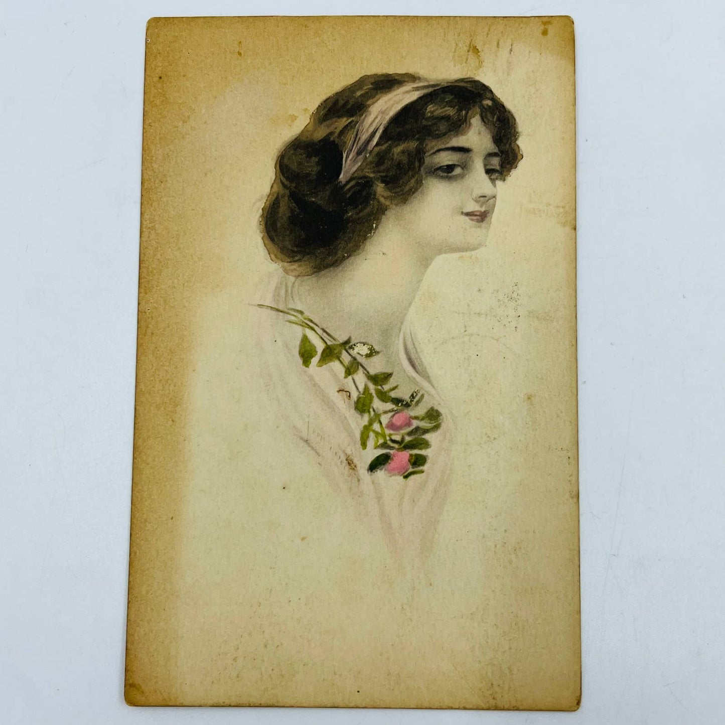 1910s Post Card Victorian Lady Pink Roses PA6