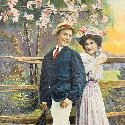 1909 Valentine’s Post Card Raphael Tuck Victorian Couple Sunset Pink Flowers PA3