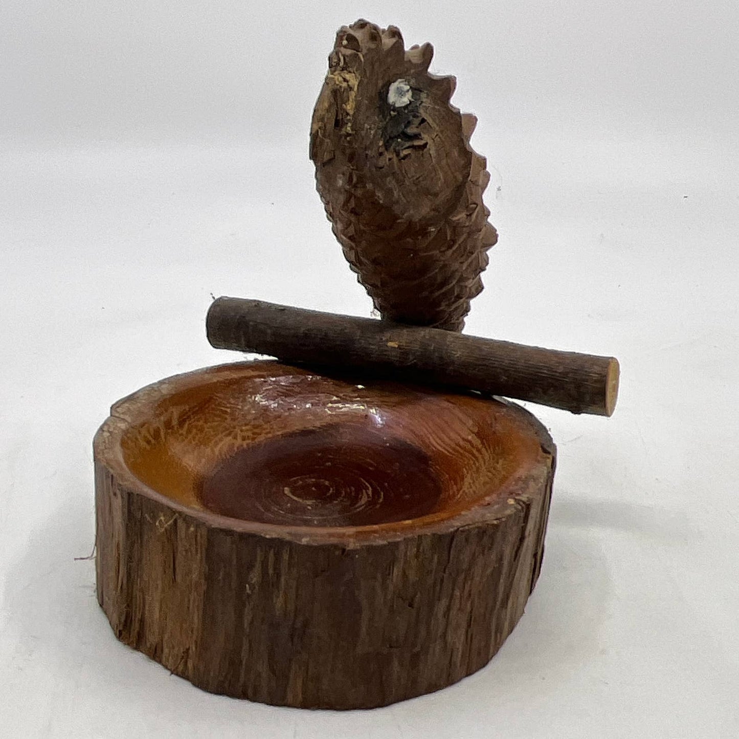 California Redwood Artisan Hand Carved Pinecone Owl Folk Art Trinket Dish TI4