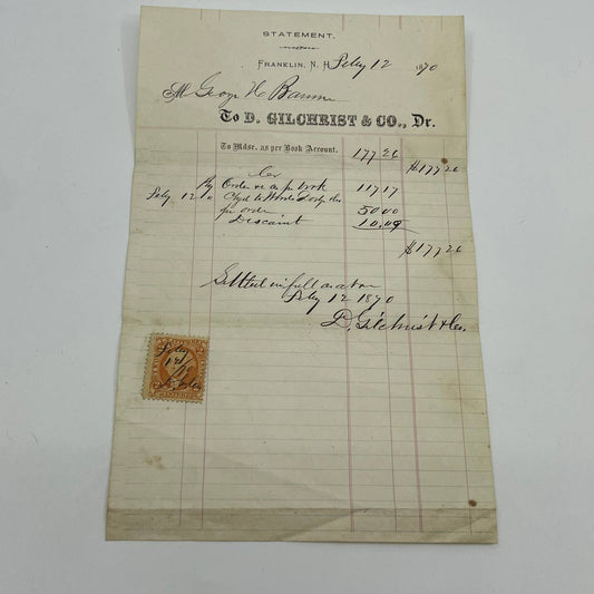 1870 Billhead Receipt D. Gilchrist & Co Dr.,  Franklin NH AA6