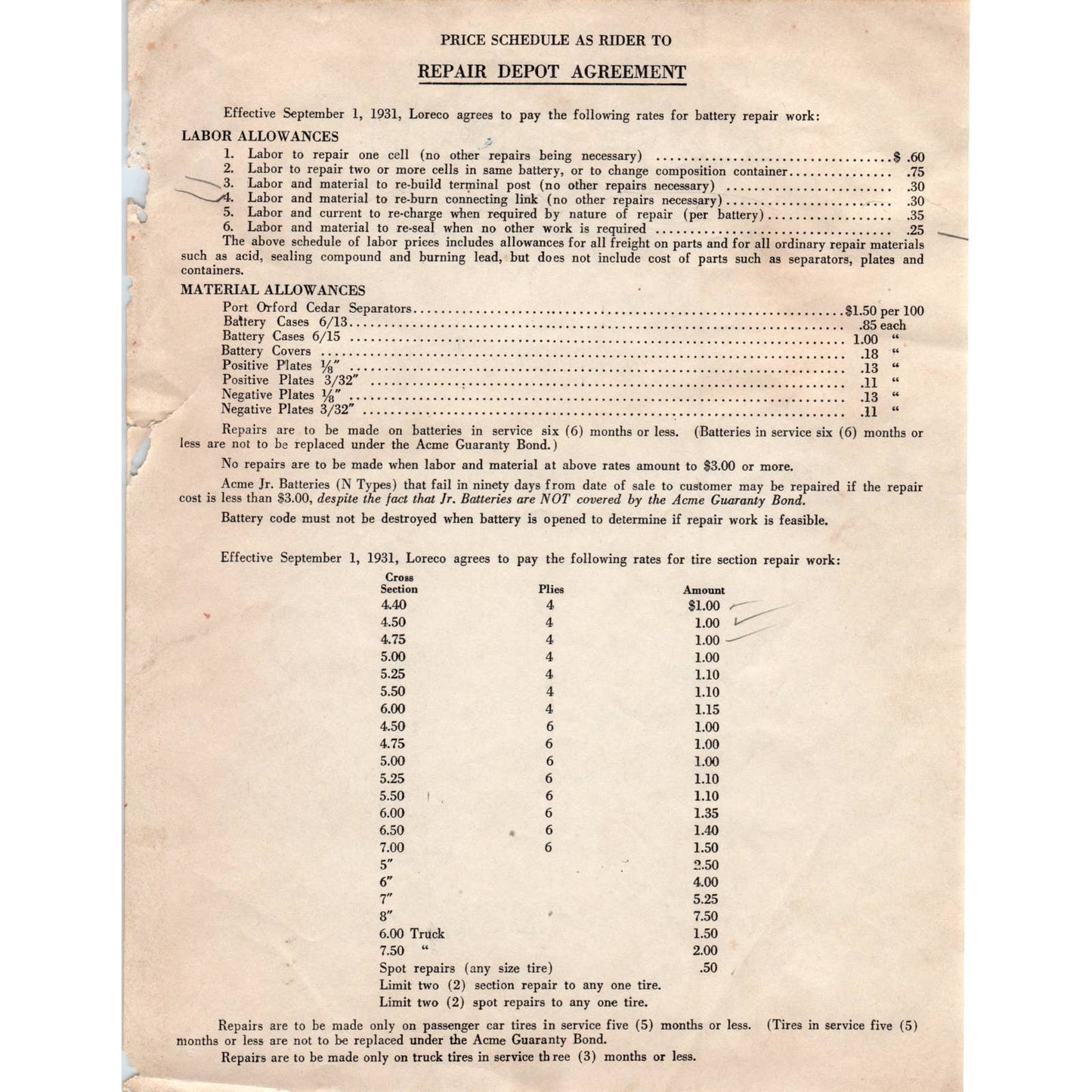 1931 Loreco ACME Automotive Battery Repair Agreement Price List AD4