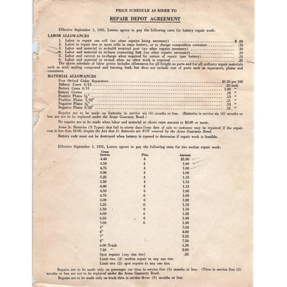 1931 Loreco ACME Automotive Battery Repair Agreement Price List AD4