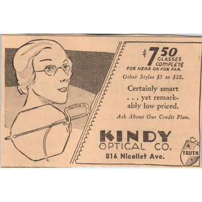 1935 Minneapolis Journal Newspaper Ad Kindy Optical Co Nicollet Ave Glasses FL5-6