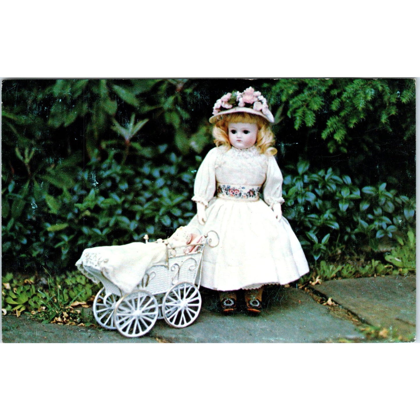 Victorian Bisque Doll With Flower Hat & Baby Carriage Original Postcard PB7