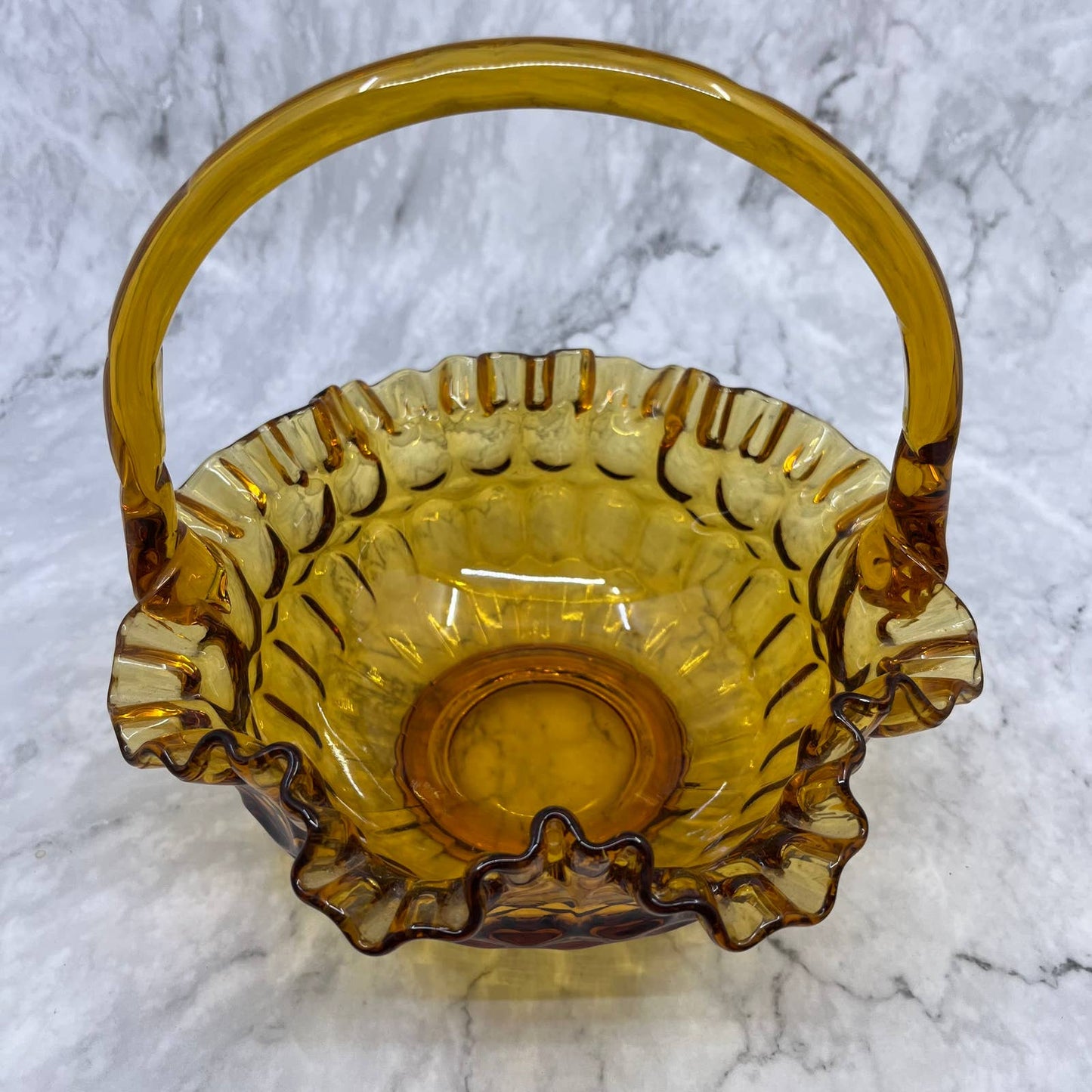 Vintage Fenton Amber Crimped Glass Thumbprint Basket Vase w/ Handle 8x7.5" TE2