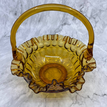 Vintage Fenton Amber Crimped Glass Thumbprint Basket Vase w/ Handle 8x7.5" TE2