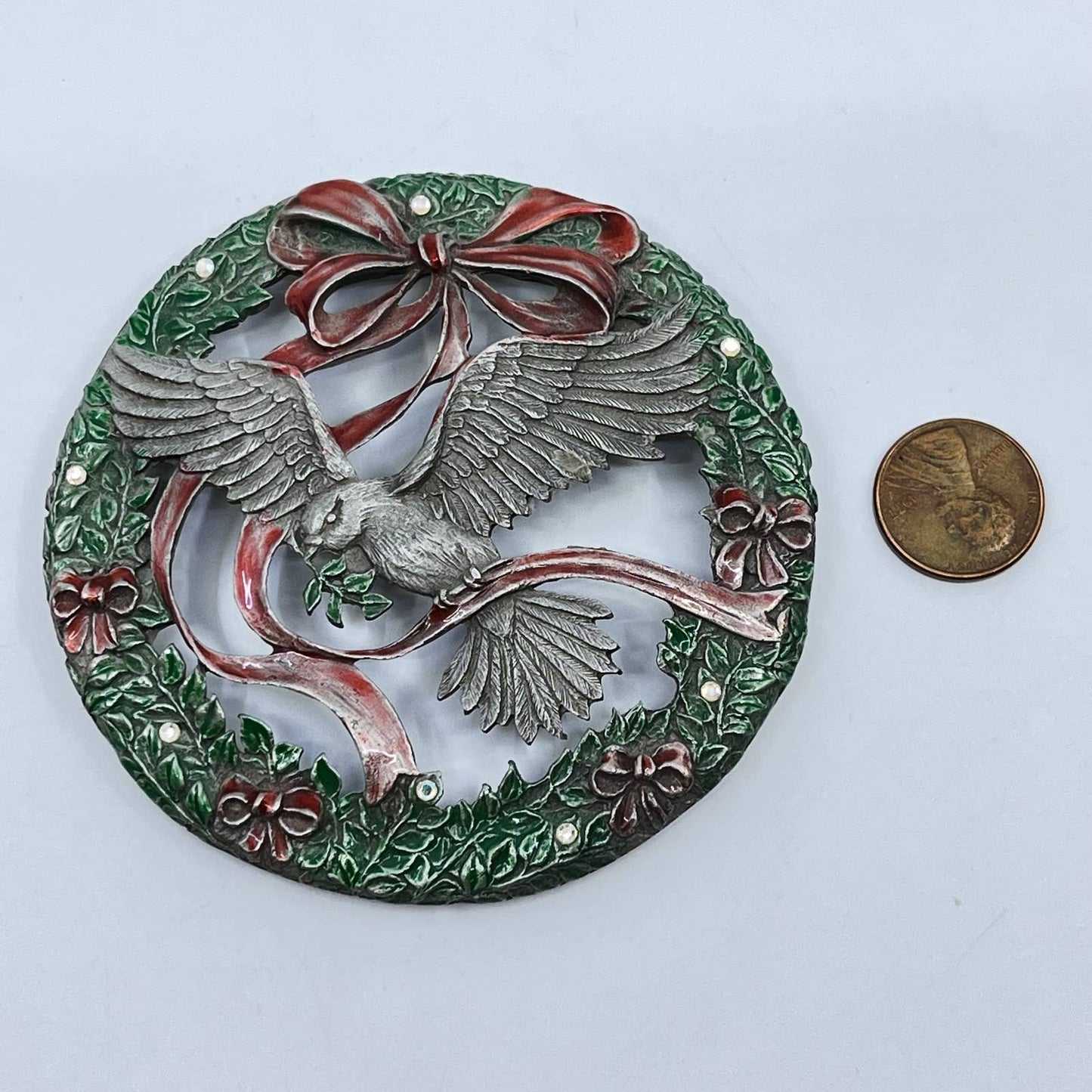 1989 Rawcliffe Pewter Painted Rhinestone Christmas Bird Trivet TF7