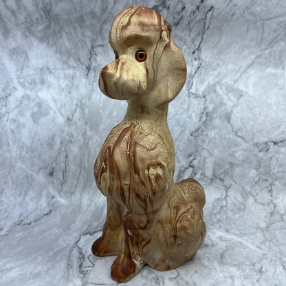 Vintage Pottery Poodle Dog Sculpture 14” Brown Swirl Orange Eyes TJ2-1