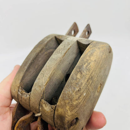 Vintage Antique Farmhouse Primitive Wood and Metal Pulley w/ Hook 9x3 TA9