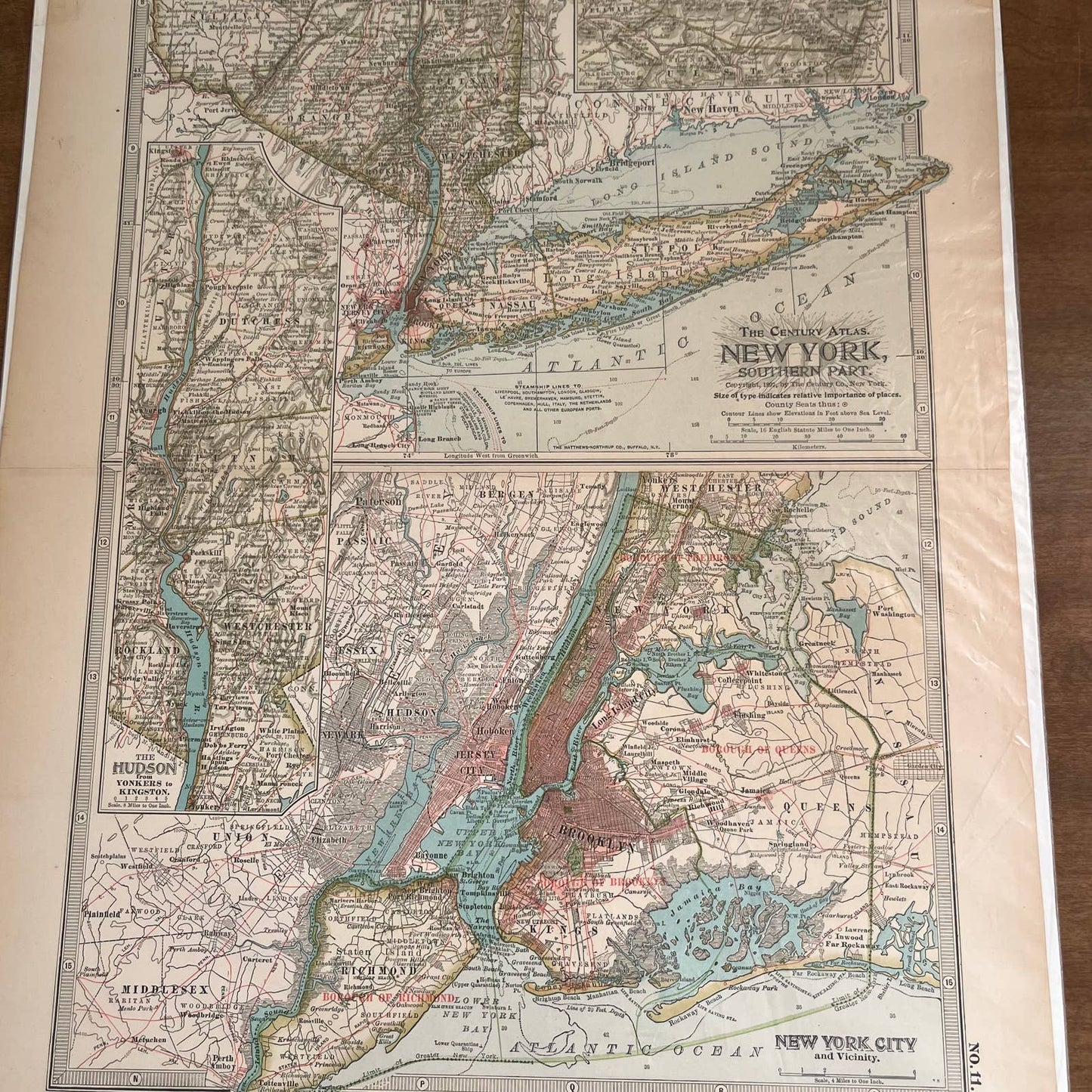 Antique 1897 The Century Atlas Map of NEW YORK Color Engraved 12.5 x 17” FL5