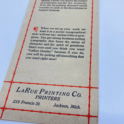 1920s-30s Blotter Card LaRue Printing Co. Printers Jackson MI SC9