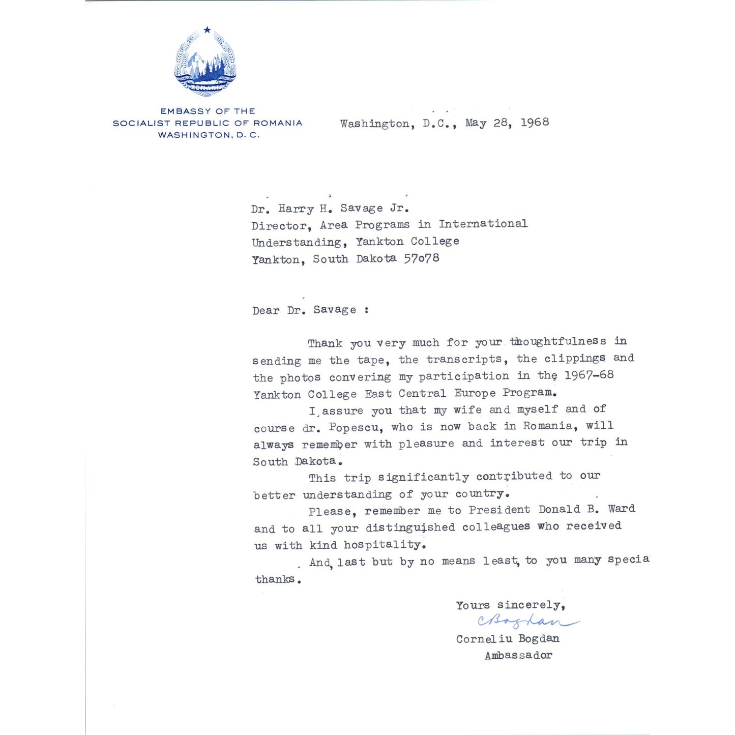 Embassy of The Socialist Republic of Romania Letterhead Memo 5/28/68 B16