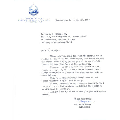 Embassy of The Socialist Republic of Romania Letterhead Memo 5/28/68 B16