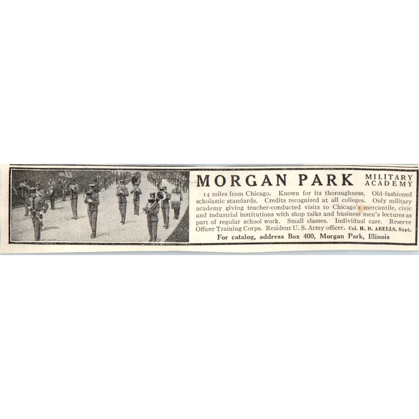 c1920 Harper's Ad - Morgan Park Illinois Military Academy Col. H.D. Abells EA3