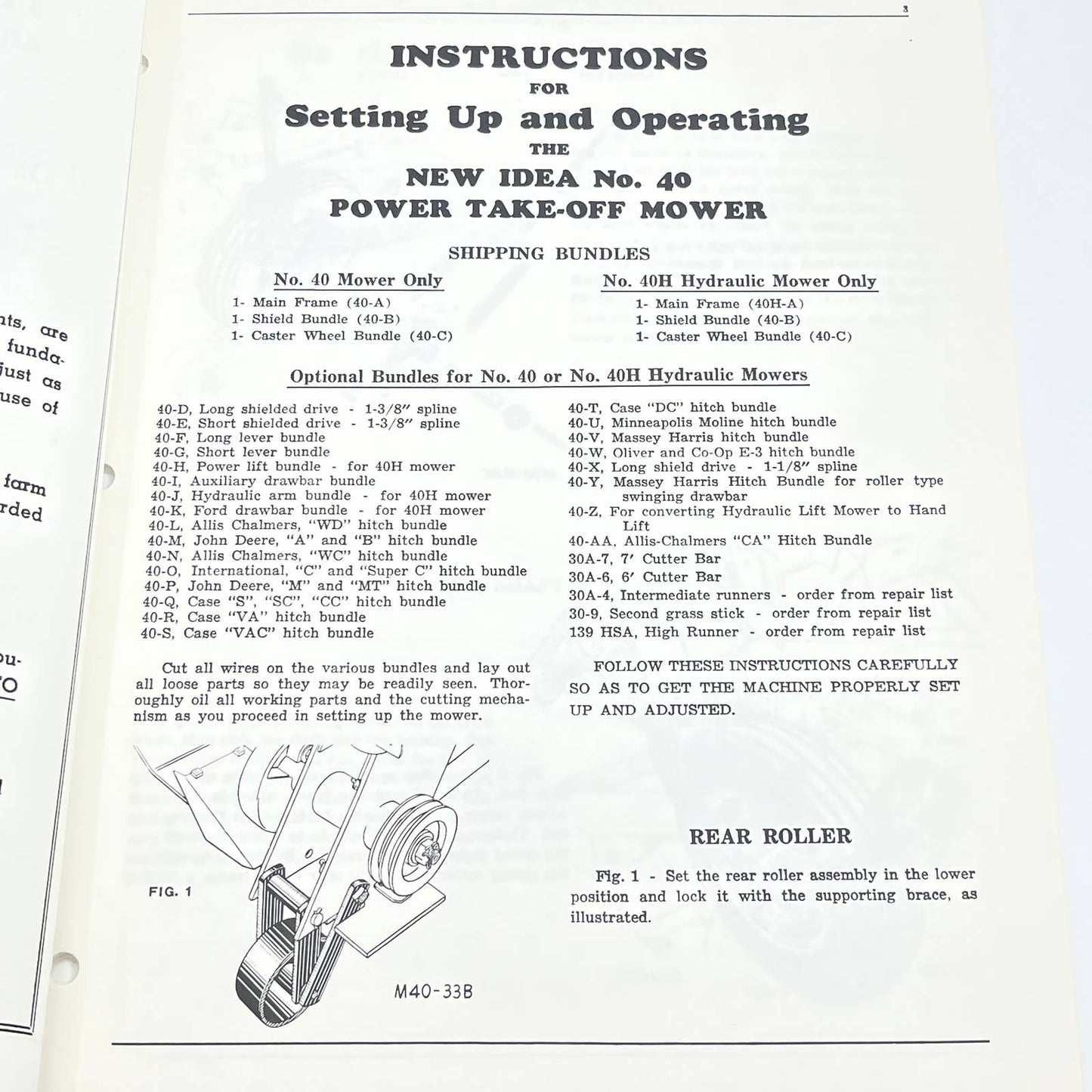 Original 1967 New Idea No. 40 Mower Instructions & Repair Parts List M-141 TB9