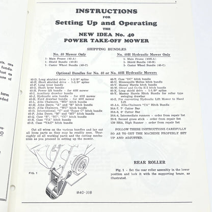 Original 1967 New Idea No. 40 Mower Instructions & Repair Parts List M-141 TB9