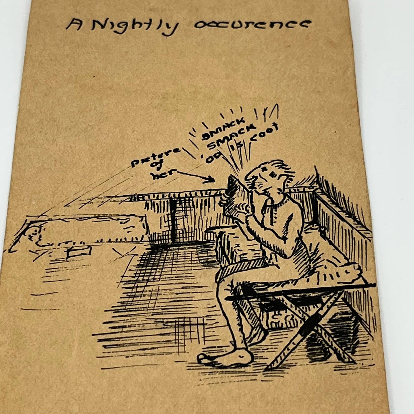 WWI Trench Art Ink Sketch Private Ben Stevens “A Nightly Occurance” 3 x 6” B6