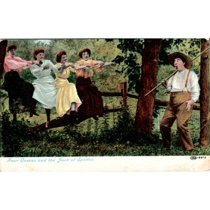 Four Queens & the Jack of Spades 1908 Victorian Tinted Original Postcard P2-8