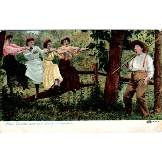 Four Queens & the Jack of Spades 1908 Victorian Tinted Original Postcard P2-8