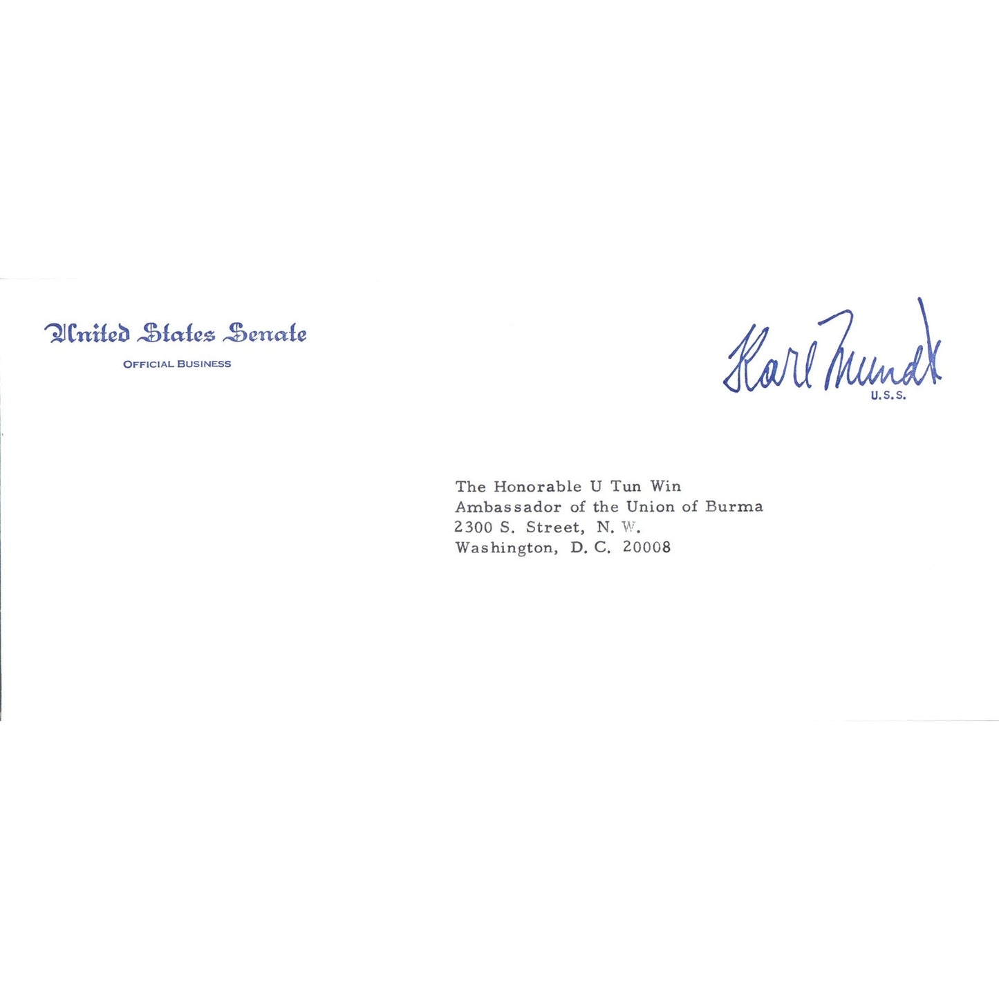 South Dakota Senator Karl Mundt Official Envelope to Burma Ambassador B11