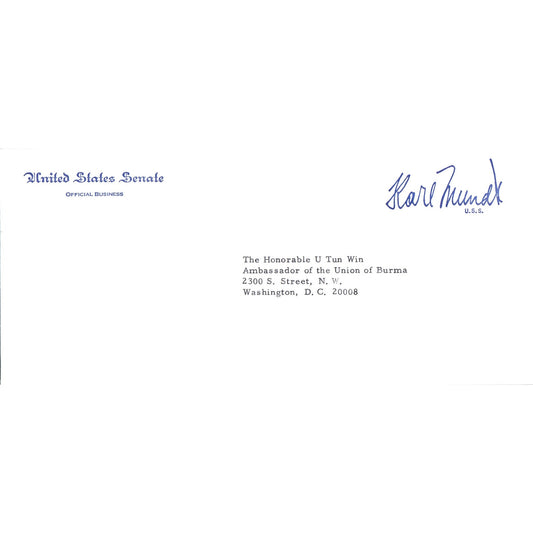 South Dakota Senator Karl Mundt Official Envelope to Burma Ambassador B11