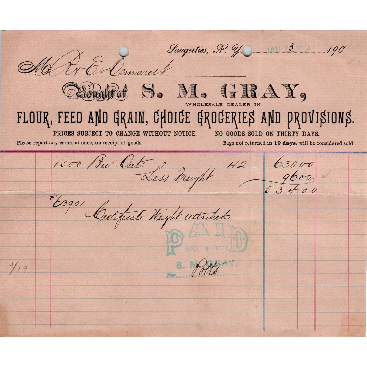 c1900 Letterhead S.M. Gray Flour Feed and Grain Billhead Saugerties NY AD4