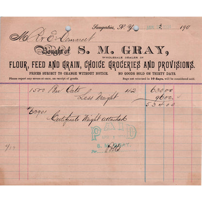 c1900 Letterhead S.M. Gray Flour Feed and Grain Billhead Saugerties NY AD4