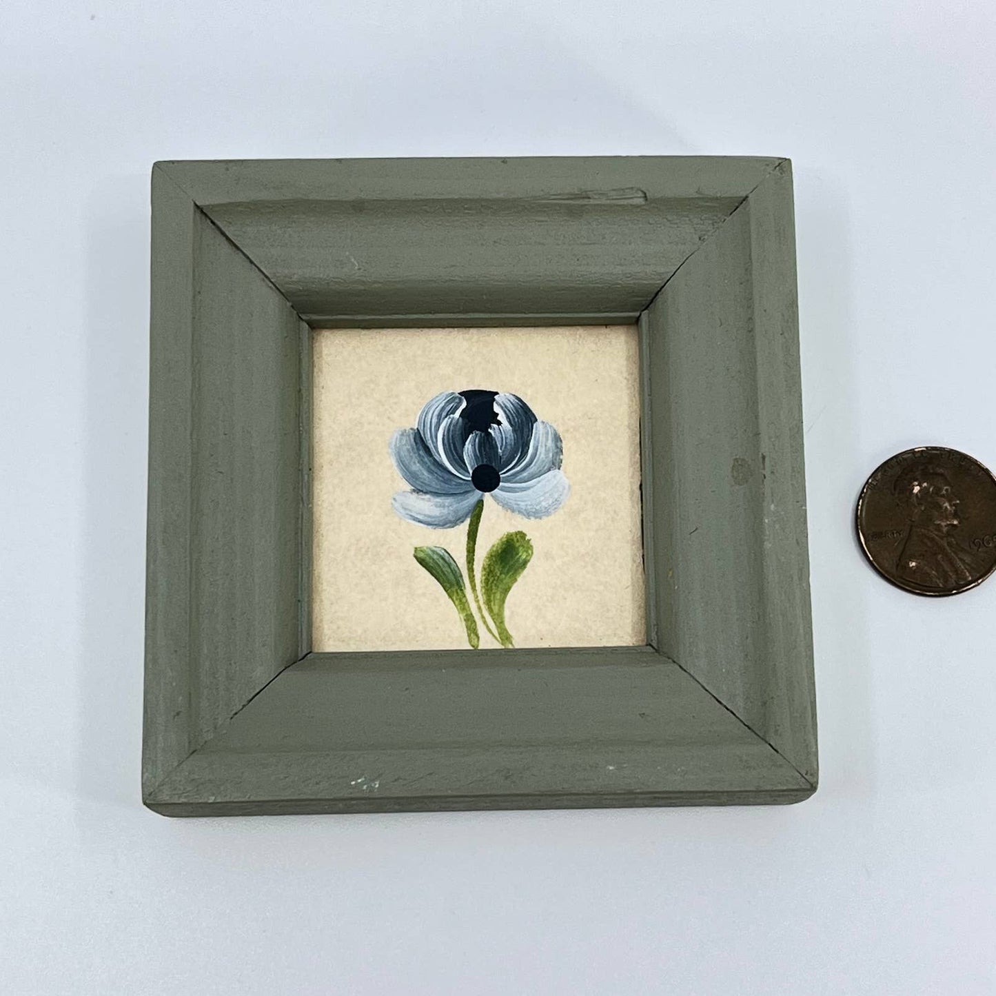 VTG Miniature Framed Original Painting Blue Flower SD2