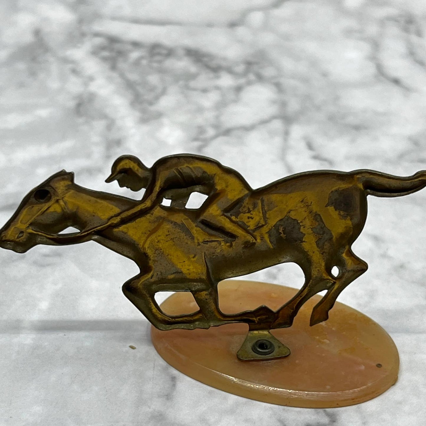 Vintage Brass Racehorse and Jockey on Celluloid Base 3” SE7
