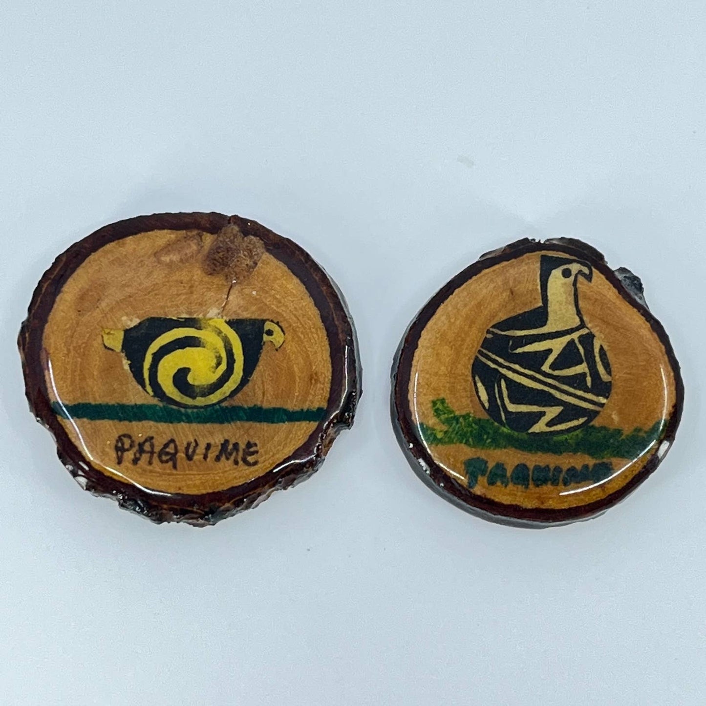 Vtg Hand Painted Wood Folk Art  Refrigerator Magnet Set of 2 Paquime Mexico SD1
