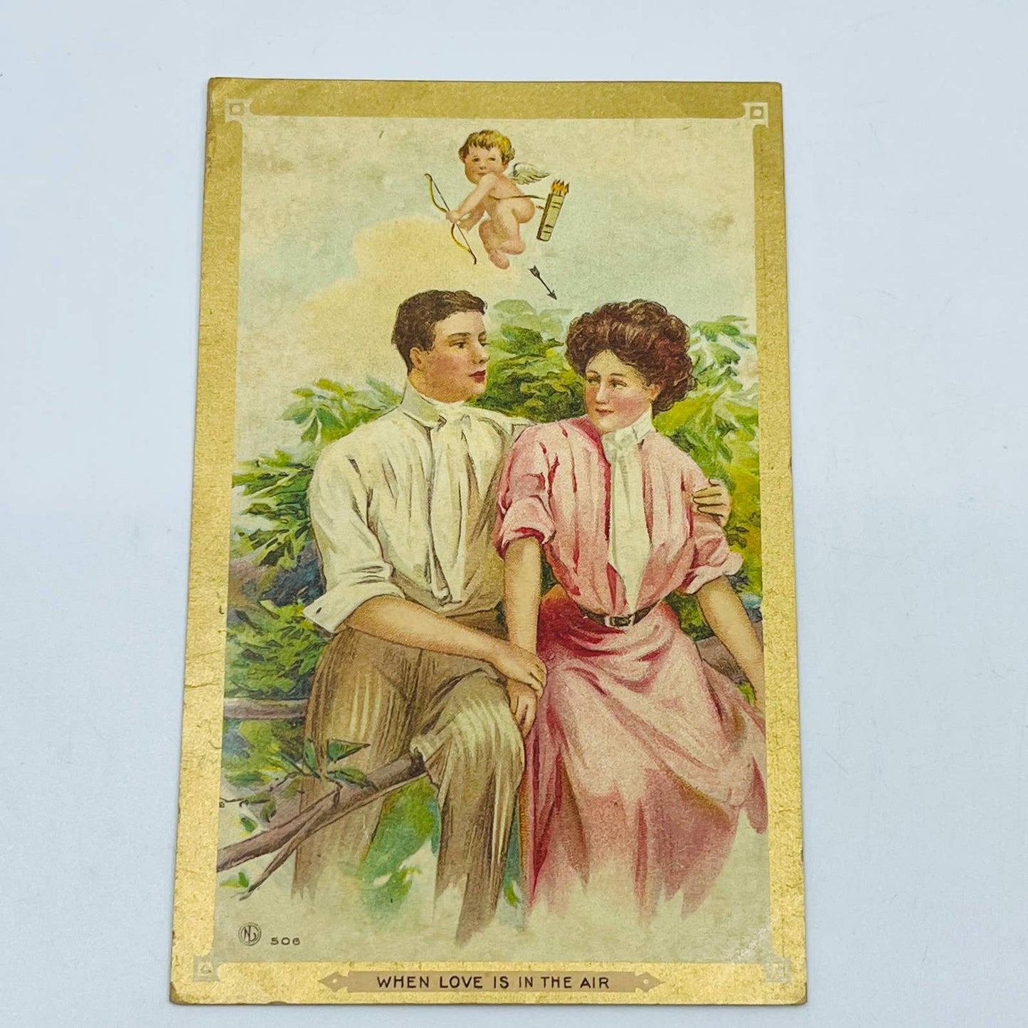 1910s Post Card Romance Illustrated Victorian Couple Cupid Over Shoulder PA6