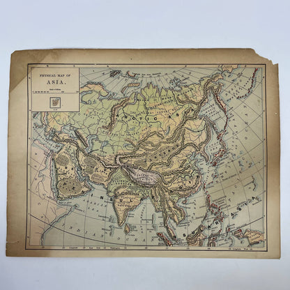 1896 Engraved Tinted Physical Map of Asia 9x12" FL5