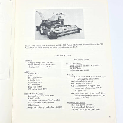 Original New Idea Manual 765 Uni-system Direct Cut Attachment US 147 TB9