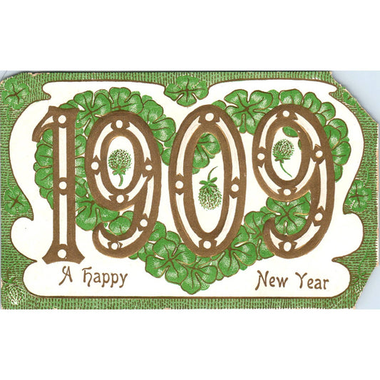 1909 New Year Embossed Four Leaf Clover - Original Postcard TJ7-RP3