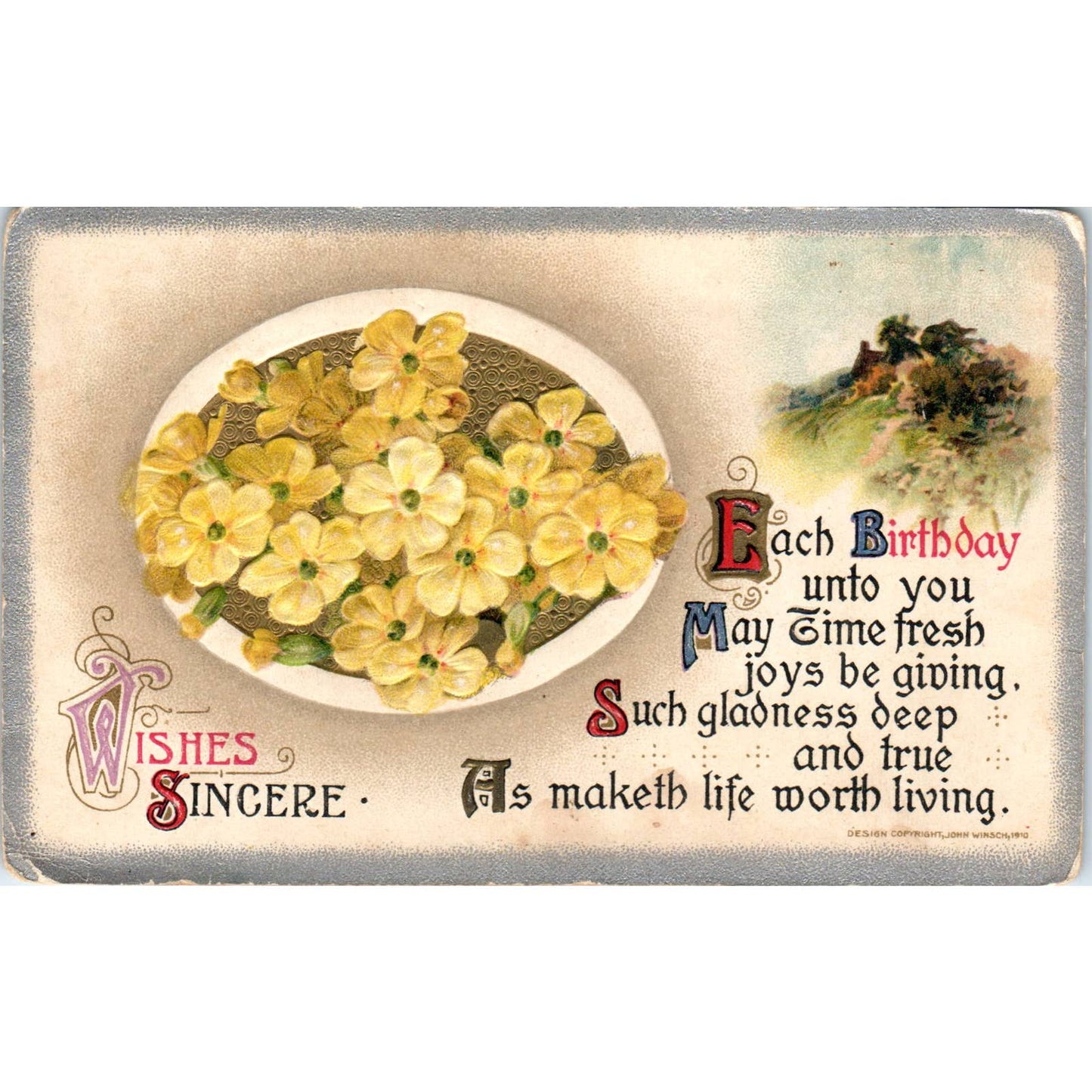 1912 John Winsch Birthday Wishes Embossed Flowers Original Postcard TJ9-P2