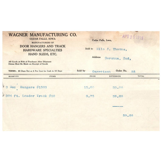 1916 Wagner Manufacturing Co Cedar Falls IA Letterhead Memo AD8