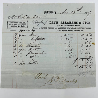 1857 Davis Abrahams & Lyon Petersburg 13 Sycamore St VA Billhead Letterhead AA4