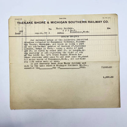 1912 The Lake Shore & Michigan Southern Railway Co. Engineer Dept Voucher AB2