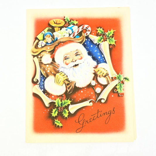 1940s Original Christmas Card Santa Claus Bag of Presents Marion Debeau AC3