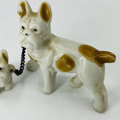 Vintage French Bulldog Dog With Puppy on Chain Hand Painted Porcelain 2.5” SA5