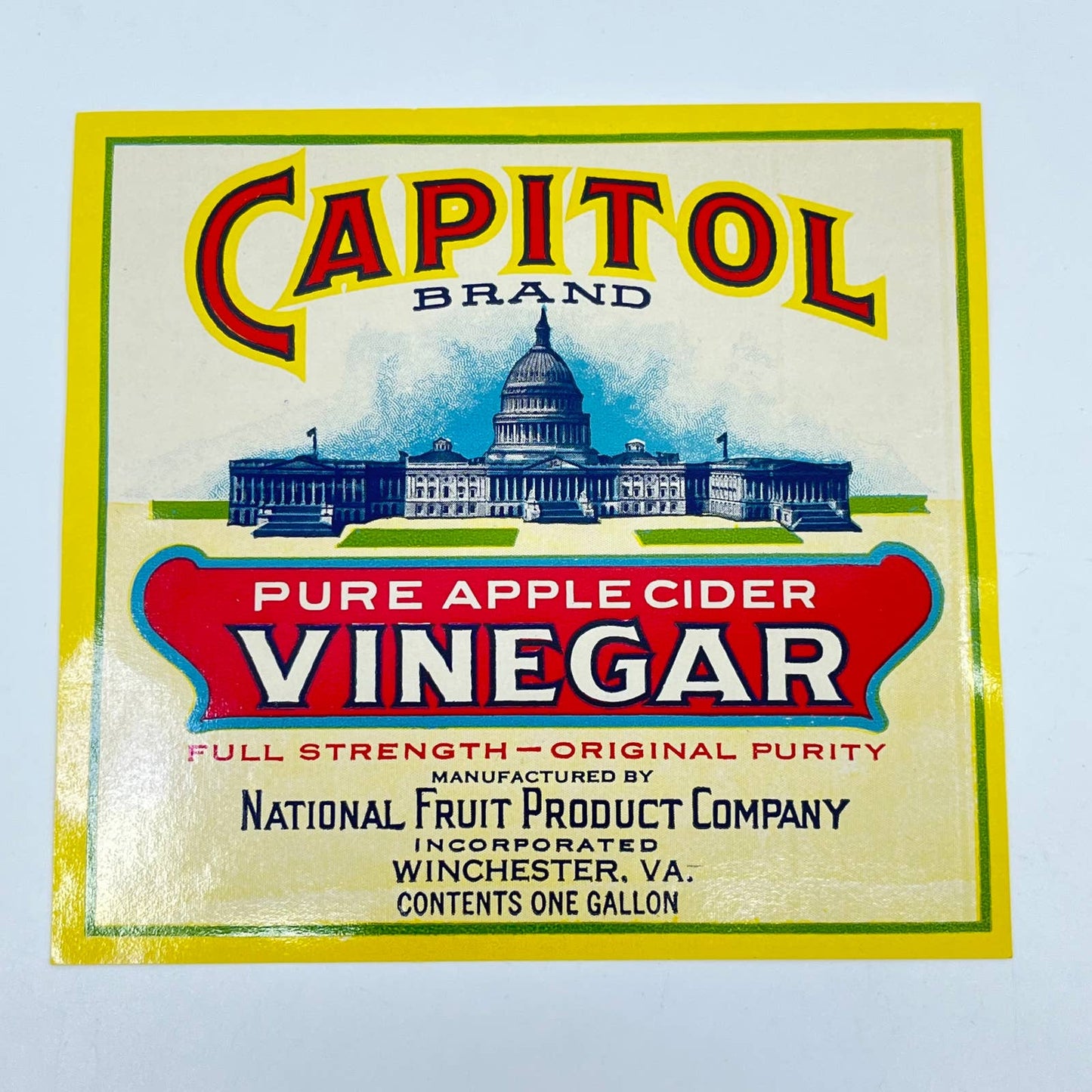 1920s CAPITOL Brand Vinegar Label Winchester, Virginia FL3