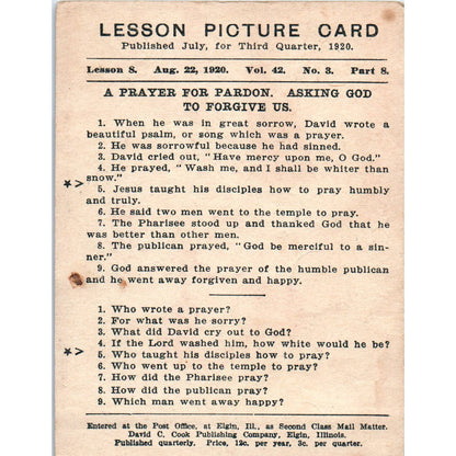 1920 Christian Lesson Picture Card A Prayer for Pardon Ps 51, 1 Luke 11:4 SE5