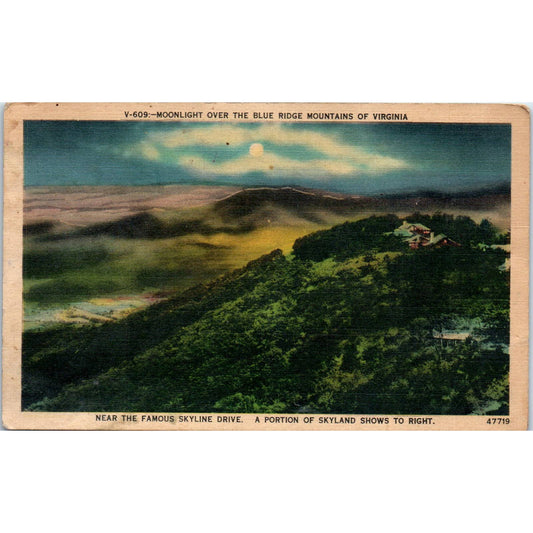 Vtg Postcard Skyland VA Moonlight Over Blue Ridge Mountains Skyline Drive SE5